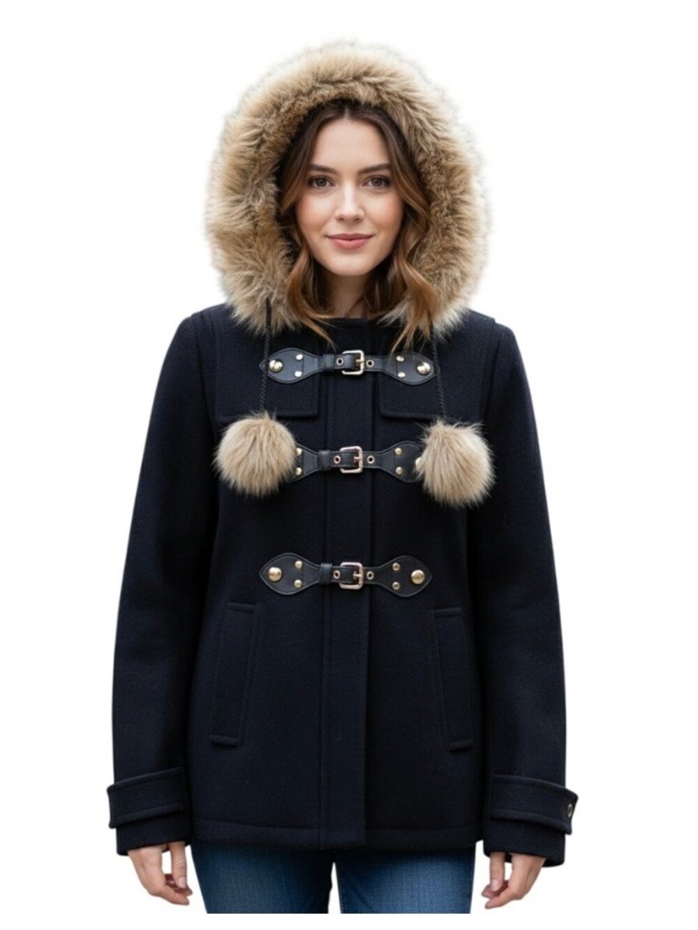 Vintage Juicy Couture Black Wool Blend Faux Fur Trim Hooded Toggle Coat S Y2K